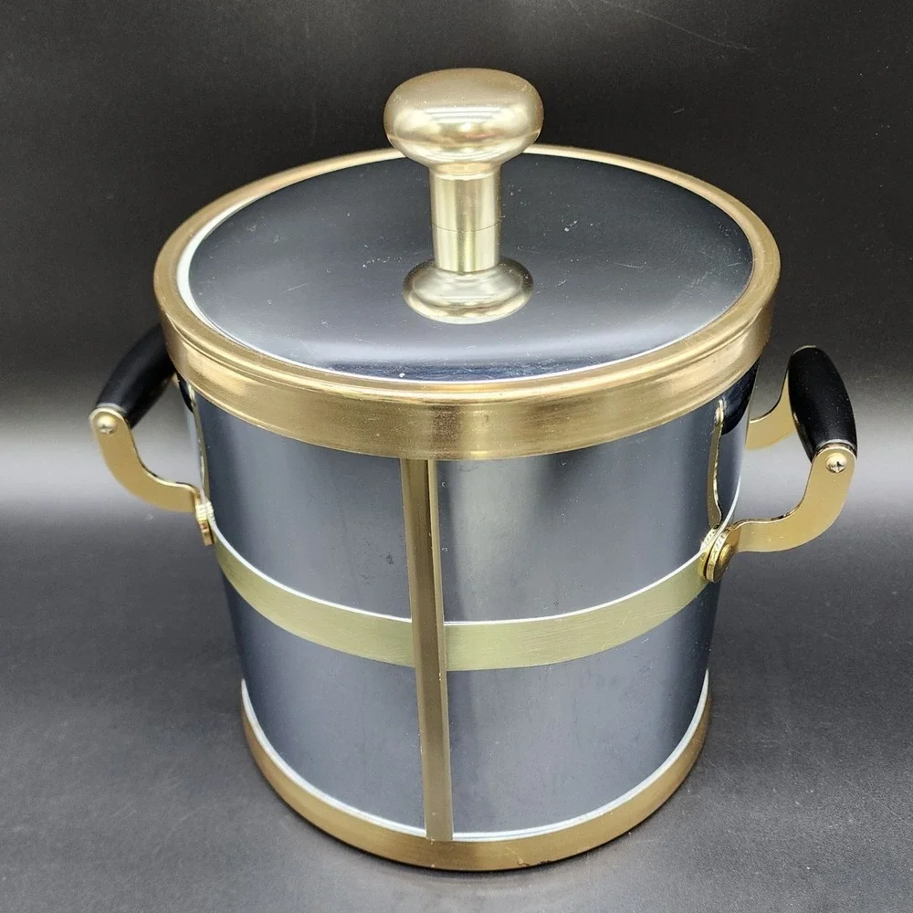 Kraftware M Silver Gold Ice Bucket MCM Vintage Barware Retro Bar Cart Accessory